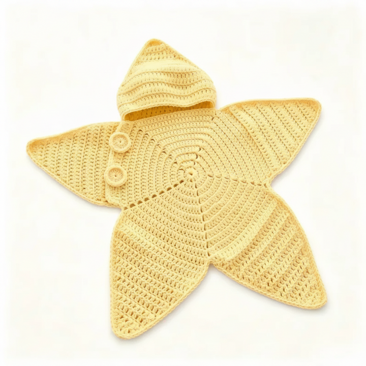Yellow hooded star-shaped baby jumpsuit with textured knitting and two front buttons
