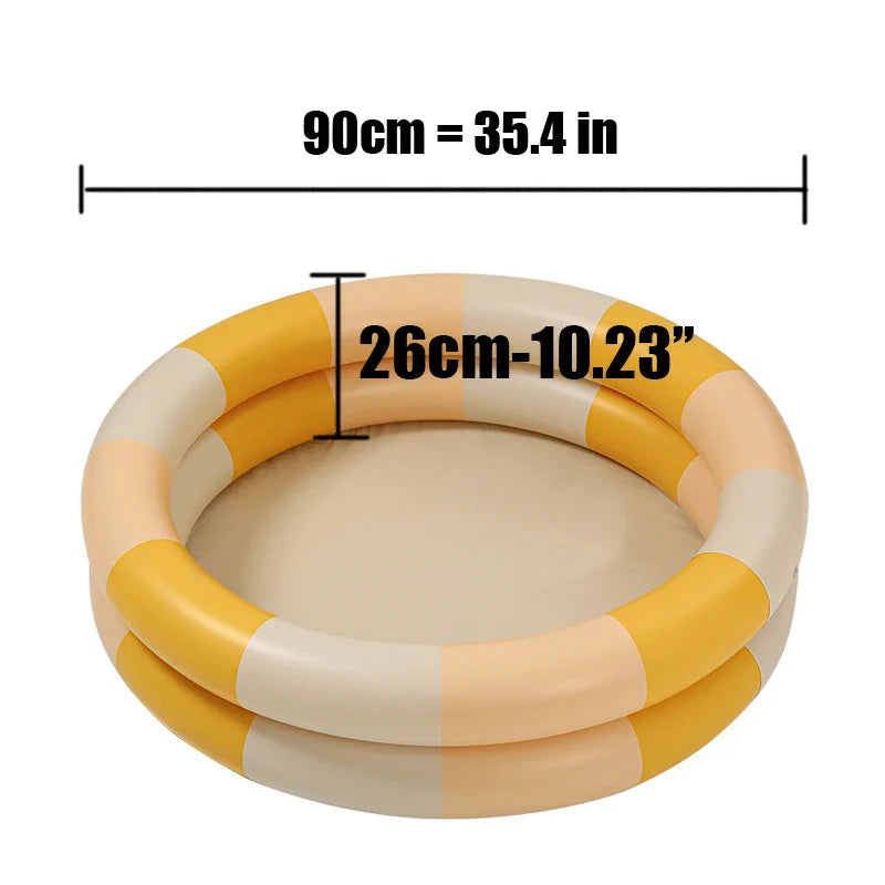 Yellow color-block inflatable pool with a 90 cm diameter and 26 cm height marked.