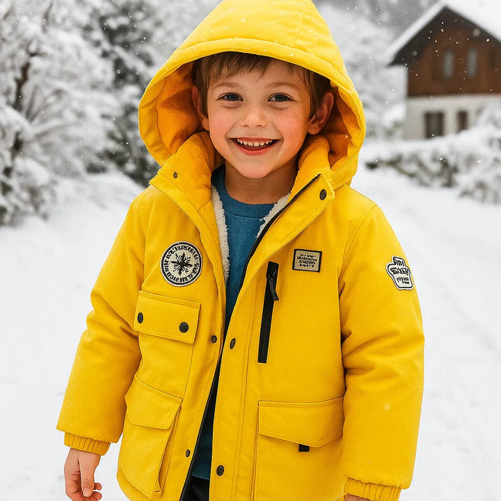 Child in a yellow hooded ski jacket in a snowy setting