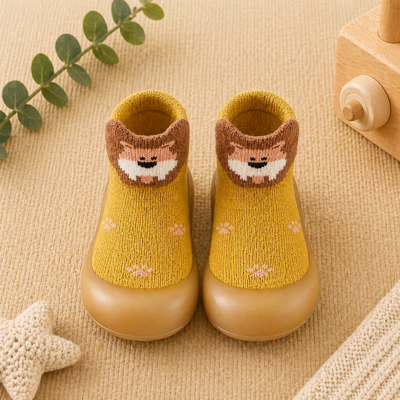 Yellow knitted sock shoes with lion faces and brown soles.