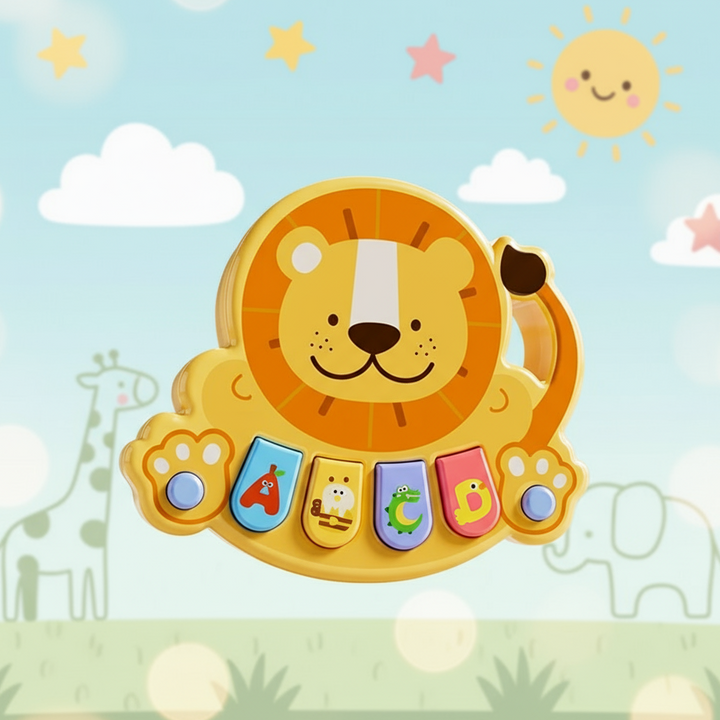 Yellow lion animal piano with colorful keys and paw-shaped side buttons