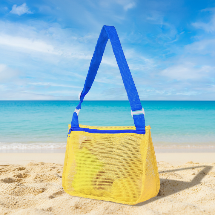 Yellow mesh beach bag with a blue adjustable shoulder strap