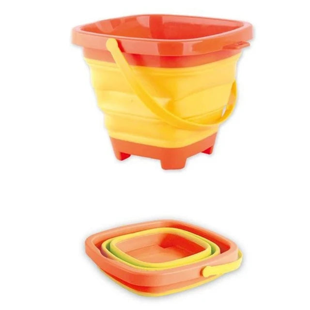 Yellow beach bucket with orange trim, shown expanded and folded flat