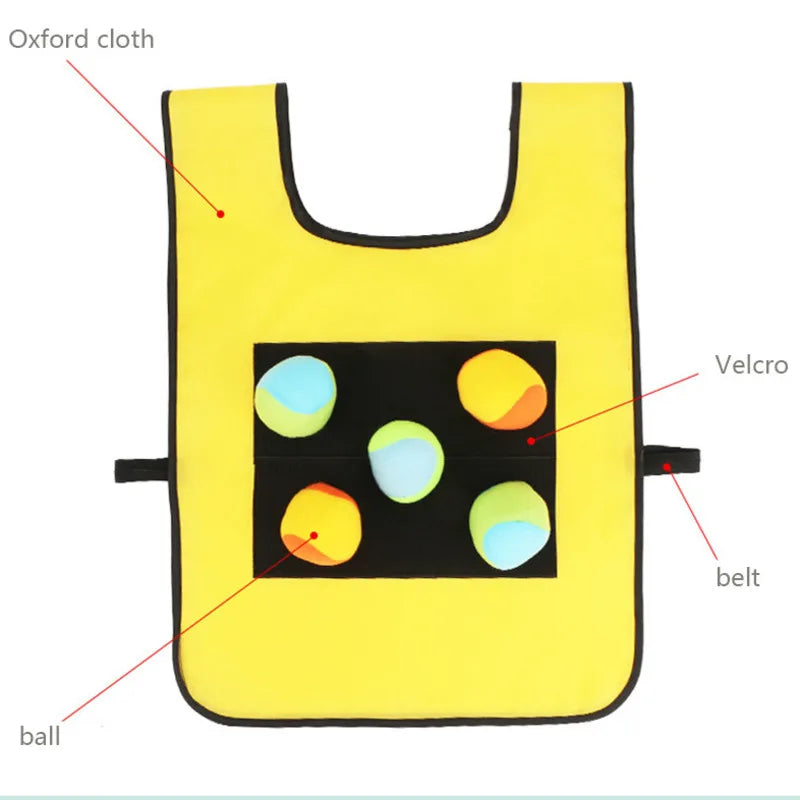 Yellow Oxford fabric game vest with labeled catch panel, side strap, and attached balls
