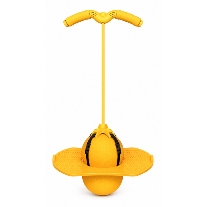 Yellow balancing pogo stick with matching handlebars and a wide foot platform