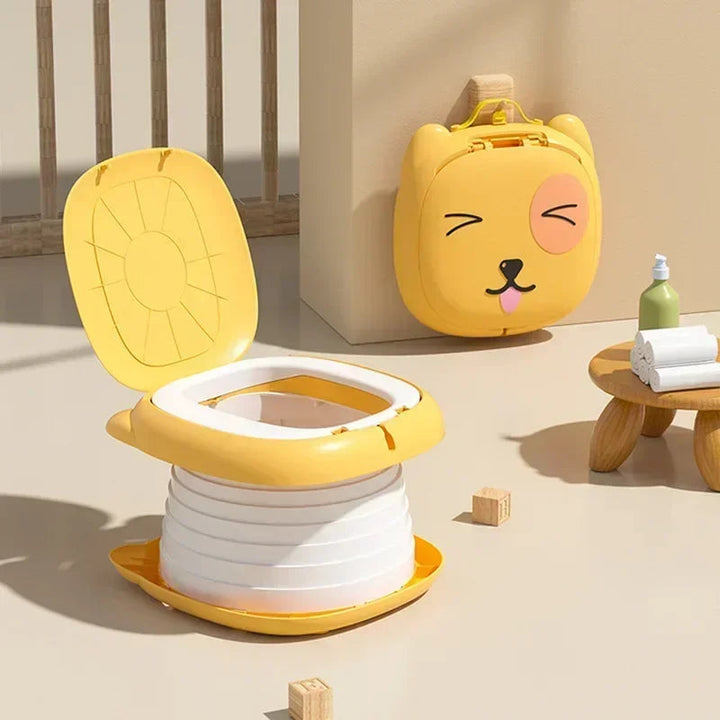 Yellow portable potty shown expanded with its lid open and folded with its handle visible