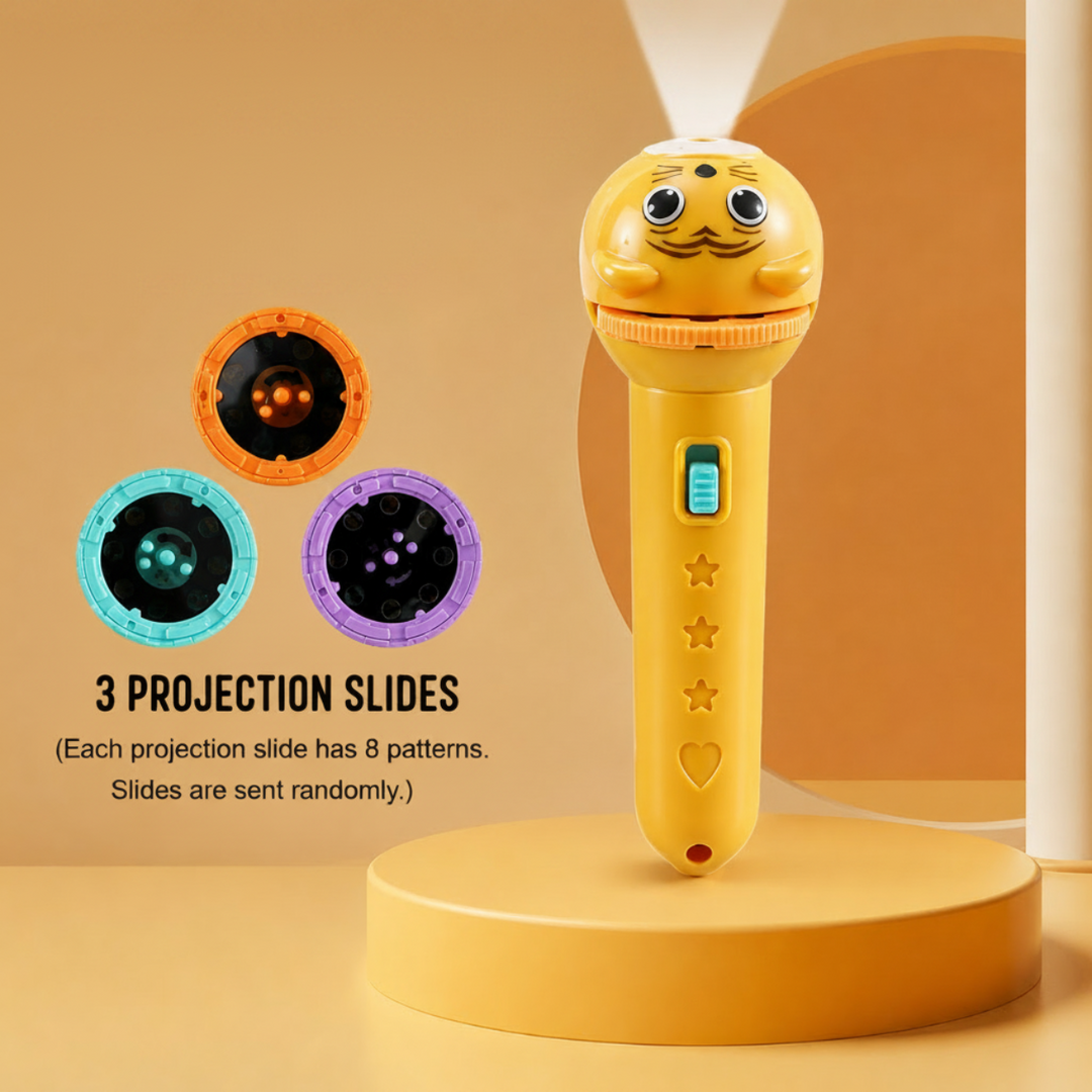 Yellow cat-face projector flashlight displayed with three interchangeable picture discs.