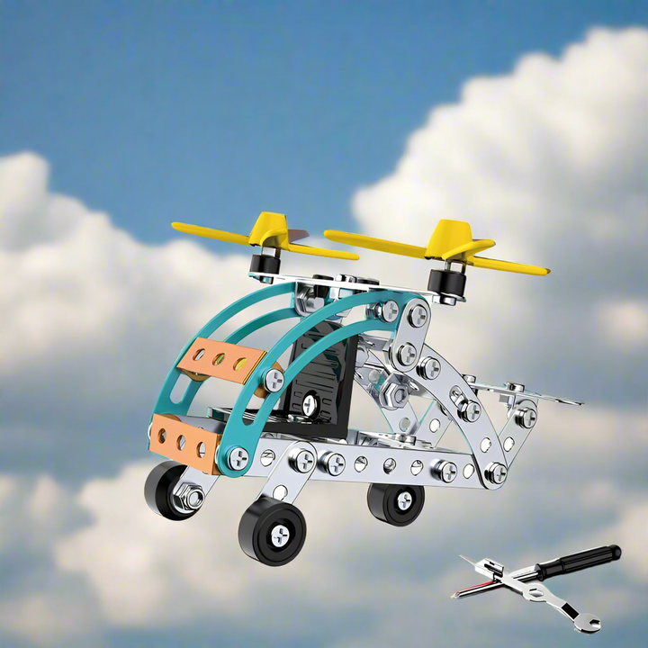 Wheeled metal aircraft model with yellow top propellers and a teal cockpit frame