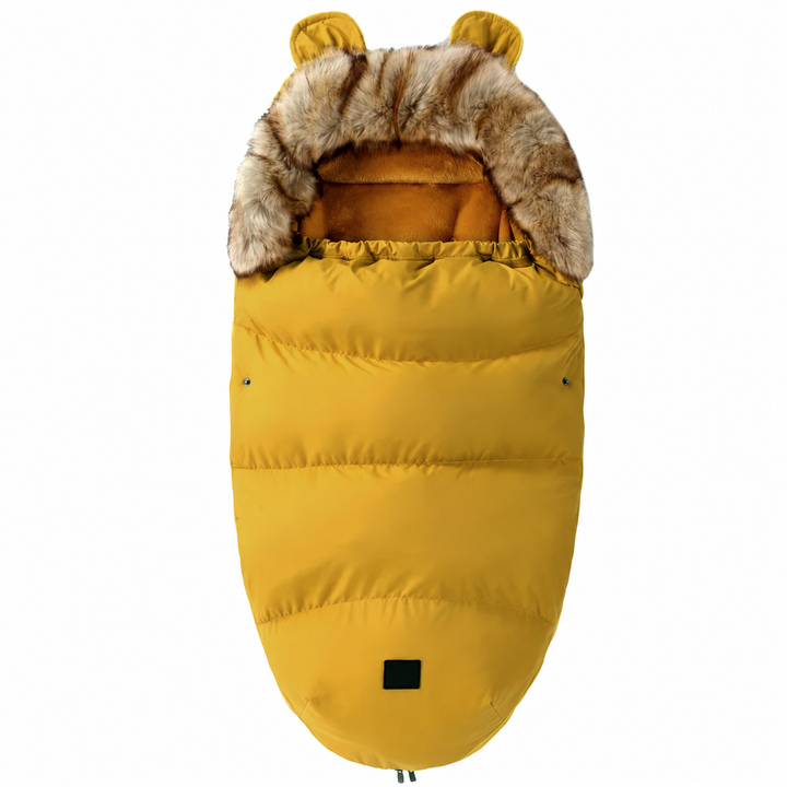 Yellow quilted stroller footmuff with a faux fur collar and small matching ears