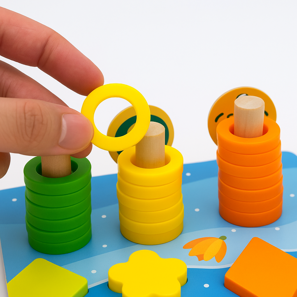A hand placing a yellow ring on a wooden peg beside green and orange ring stacks