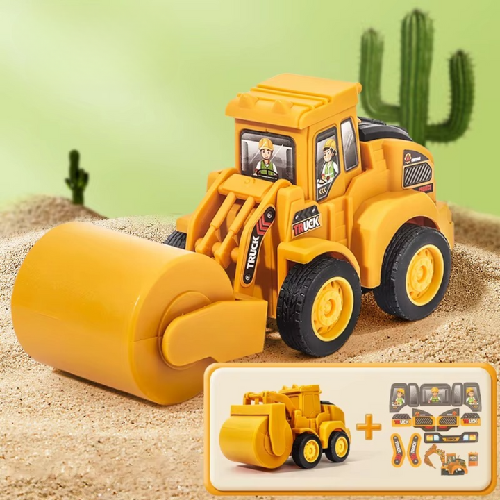 Yellow toy road roller with a wide front drum and black wheels