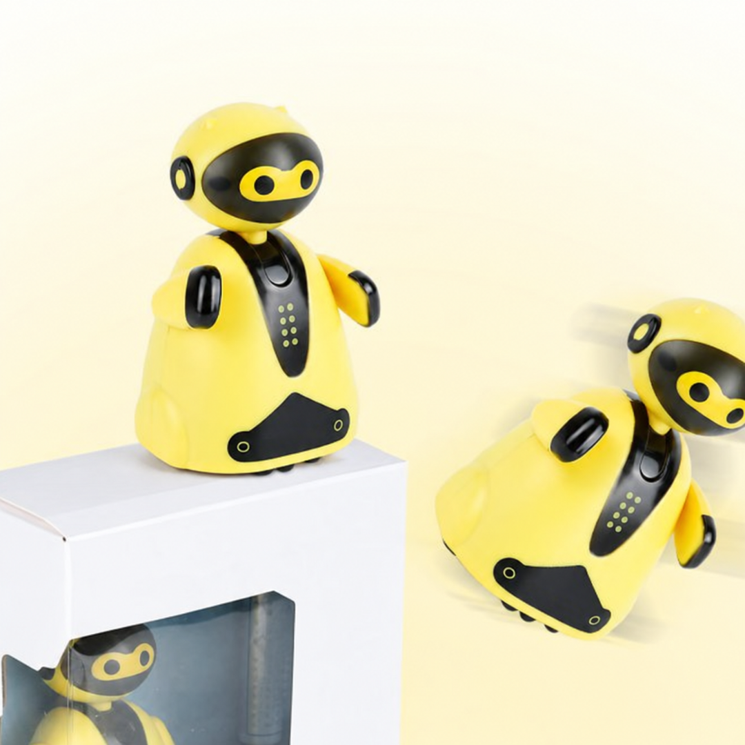 Yellow robot toys displayed on and beside a window-front box.