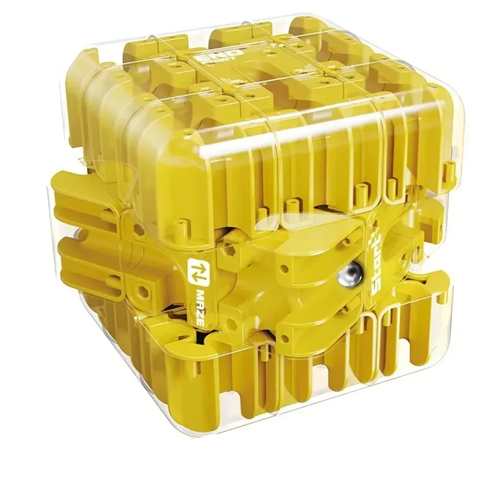 Yellow puzzle cube with clear maze channels and a visible ball
