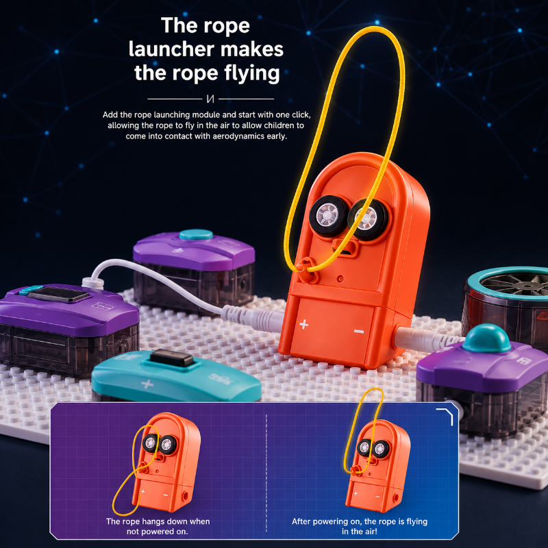 Orange rope-launcher module lifting a yellow loop in a circuit setup