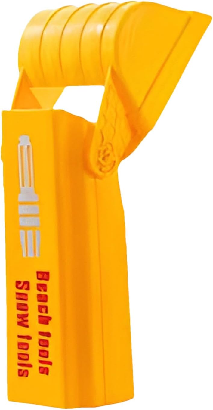 Yellow sand grabber with a raised hinged scoop against a white background