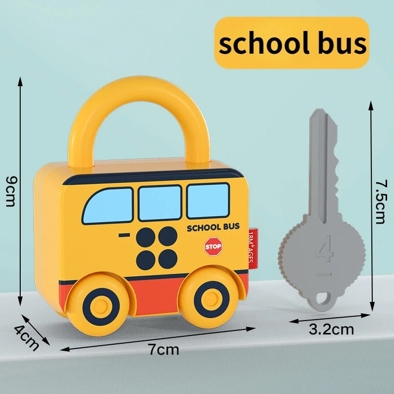 Yellow school bus lock and gray key shown with measurement arrows.