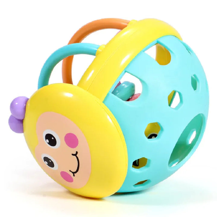 Side view of the yellow sensory chew toy showing openings in its turquoise base