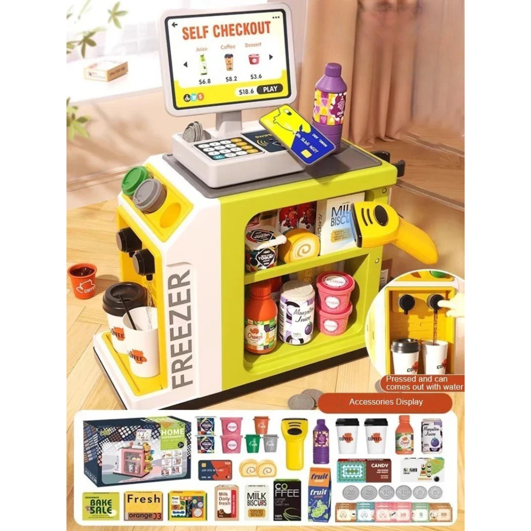 Yellow toy cash register with a handheld scanner, pretend groceries, play money, and cups