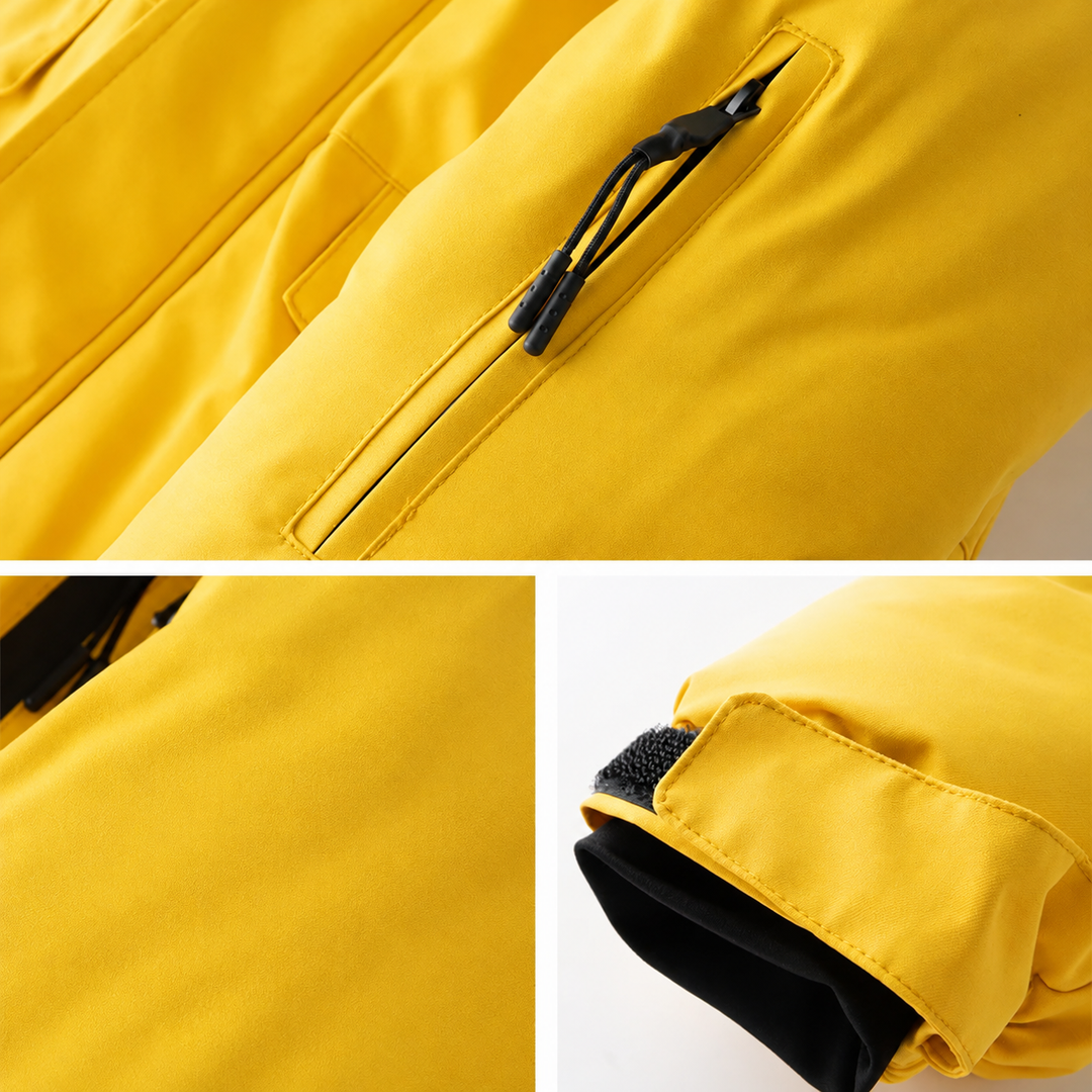 Close-ups of a yellow ski jacket pocket zipper and cuff strap