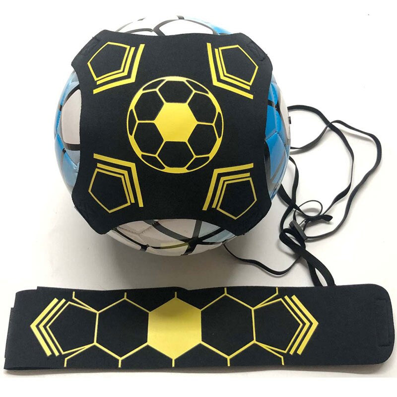 Soccer-pattern holder wrapped around a ball, with a matching black and yellow waist belt