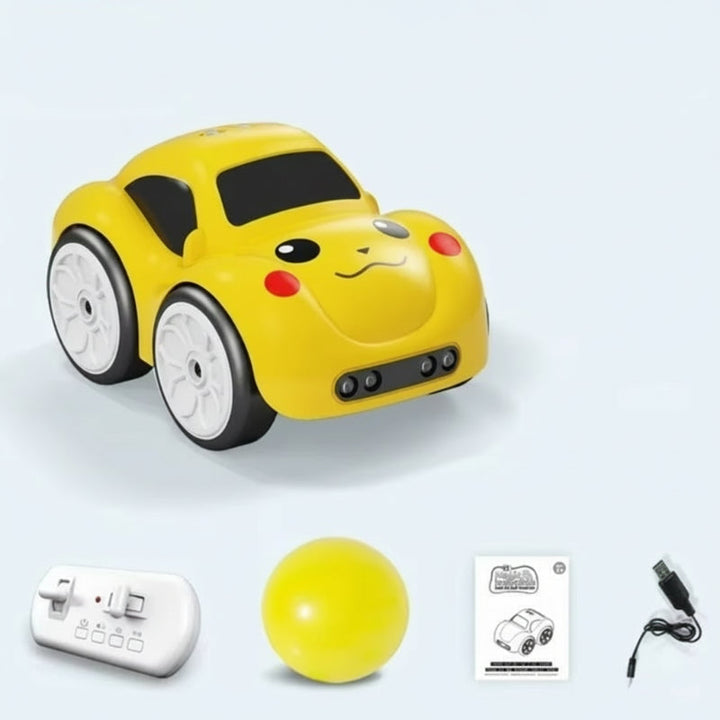 Yellow sports car with remote controller, yellow ball, charging cable, and instruction booklet