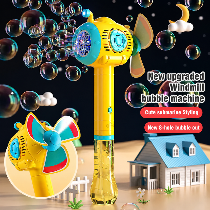 Yellow submarine-style bubble blower with bubbles around its front outlet and a colorful windmill-style propeller.