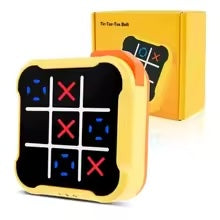 Yellow electronic tic-tac-toe console with illuminated symbols beside its retail box