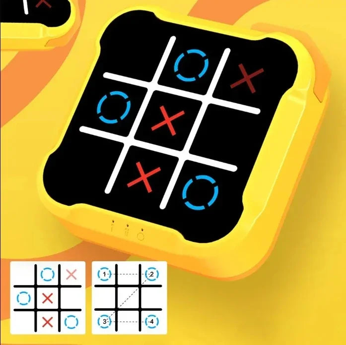 Yellow electronic tic-tac-toe grid with red Xs, blue Os, and small play diagrams