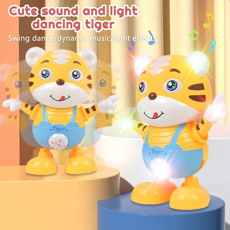 Yellow musical tiger robot with illuminated ears and hands on a blue display stand.