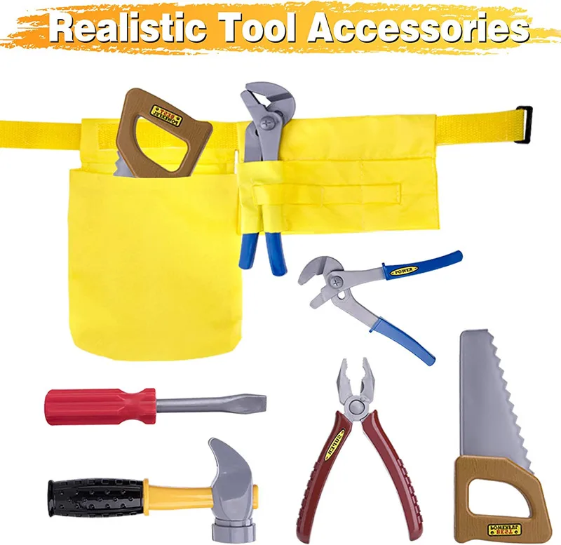 Yellow tool belt with a toy saw, hammer, pliers, wrench, and screwdriver.