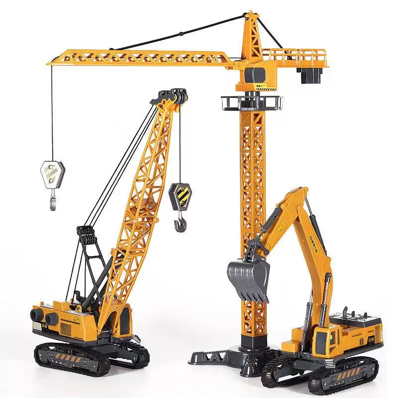 Yellow tower crane, crawler crane and excavator toys with black bases and tracks