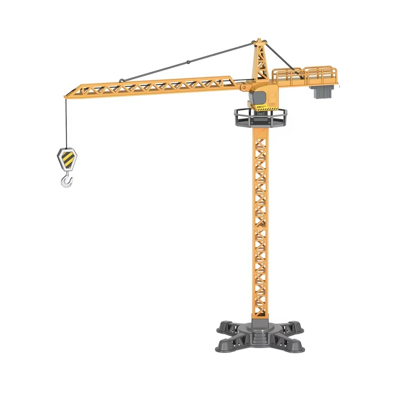 Yellow tower crane toy with a long horizontal boom, hanging hook and black base