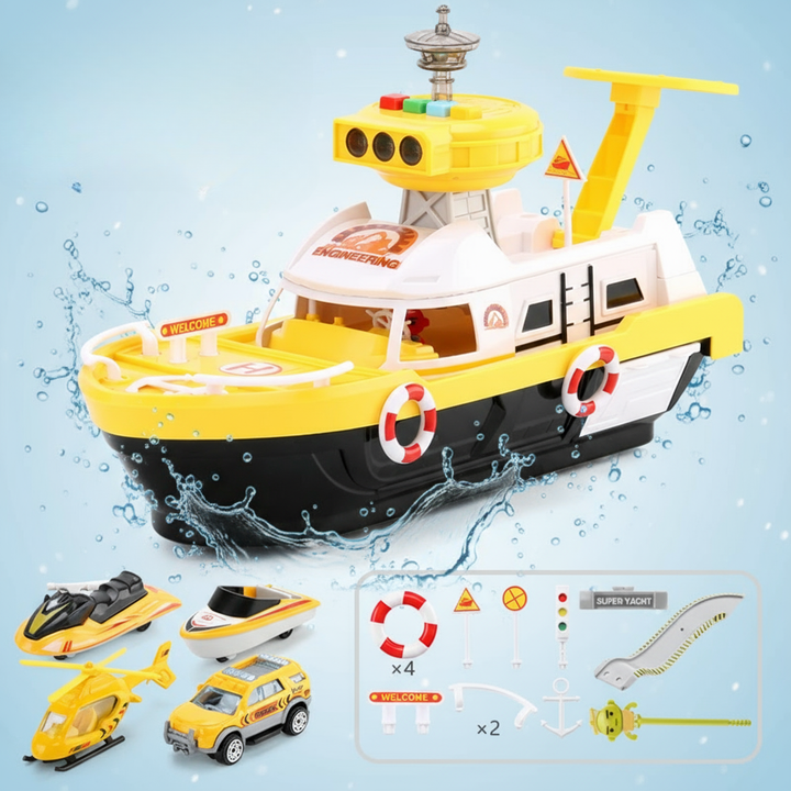 Yellow toy boat with miniature boats, a helicopter, a yellow SUV and accessory details