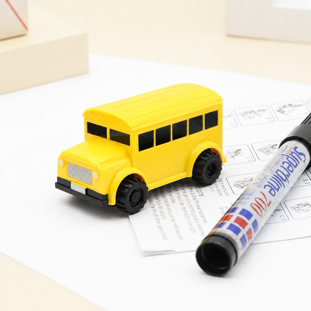 Yellow toy bus beside a drawing pen and instruction sheet