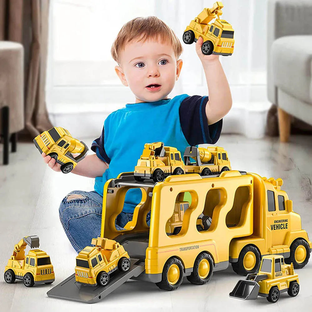 Child playing with a yellow two-level toy carrier and small construction vehicles