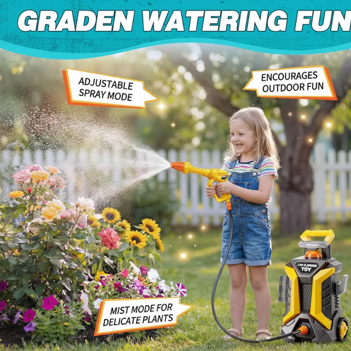 Child using the yellow toy water sprayer to water garden flowers.