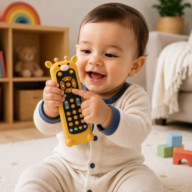 Young child holding a yellow giraffe toy remote and exploring its buttons