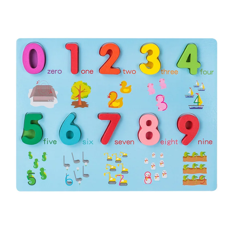 Wooden number puzzle from 0 to 9 with illustrated counting groups