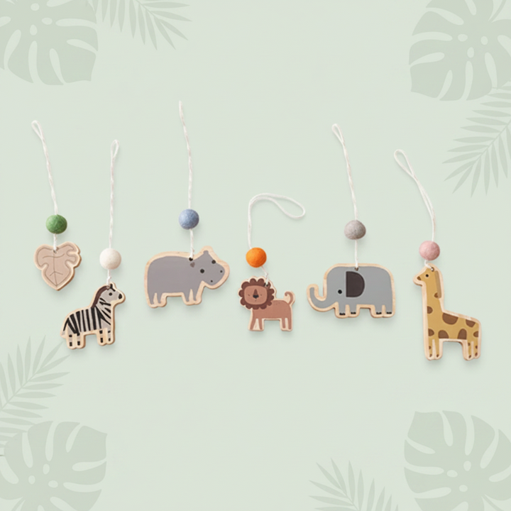 Zoo hanging toy set with wooden animal figures, a leaf shape, and colorful beads.