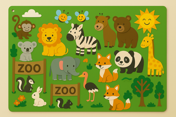 Zoo felt board with a lion, zebra, giraffe, elephant, panda, and other animals