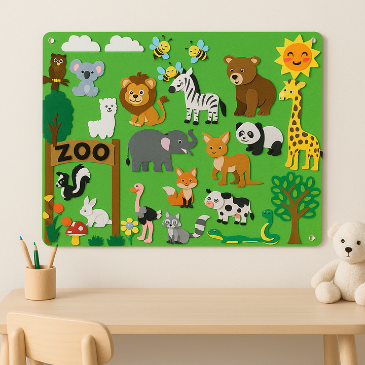 Zoo-themed felt board with colorful animal pieces displayed above a children&