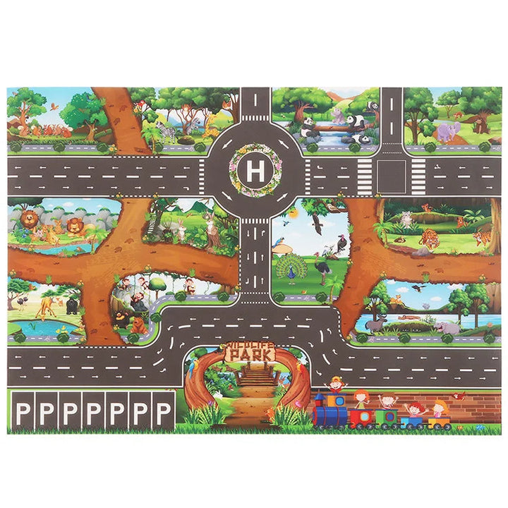 Zoo-themed road play mat with animal scenes, intersections, and parking spaces